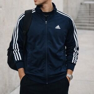 Adidas Navy 3 Stripe Track Jacket Full Zip Athletic Soccer Core Y2K Mens M